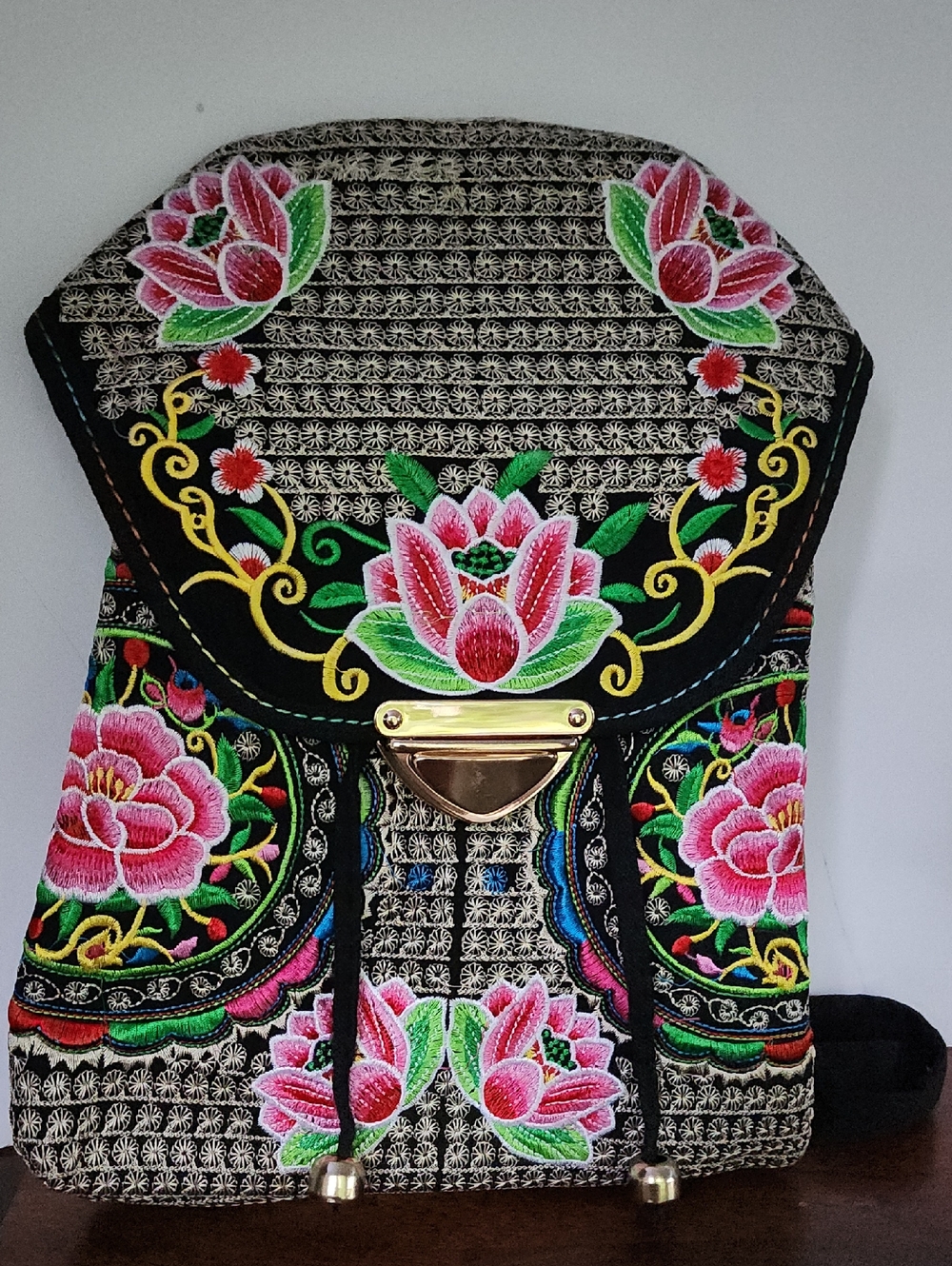 Bohemian Embroidered Rose Backpack Black Trim Multicolored Boho Gold Clasp